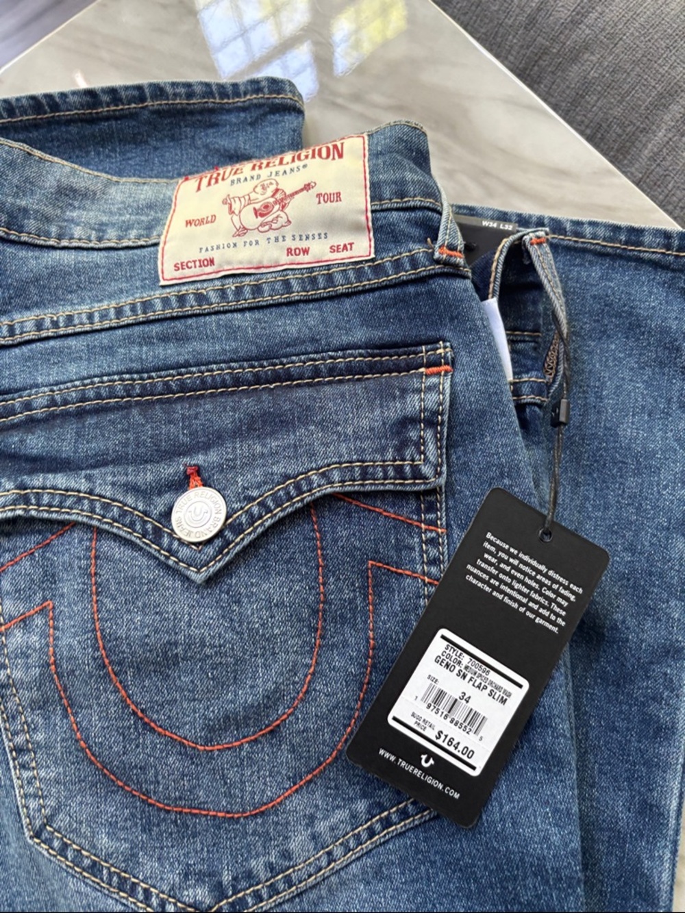 True Religion Blue Denim Jeans with Orange Stitching